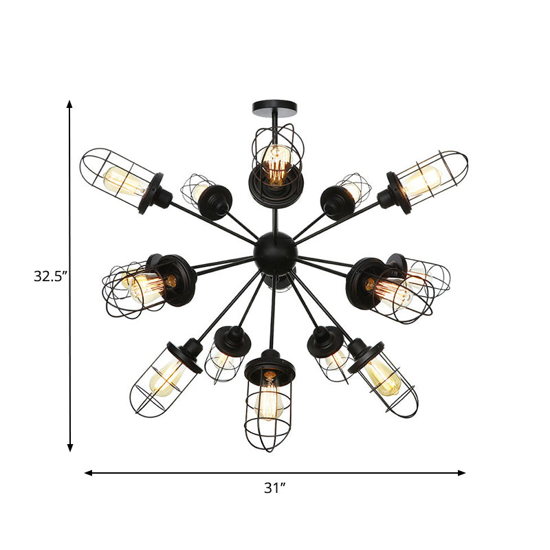 Caged Chandelier Lamp Farmhouse Style Iron 9/12/15 Lights Black Finish Hanging Ceiling Fixture with Sputnik Design Clearhalo 'Cast Iron' 'Ceiling Lights' 'Chandeliers' 'Industrial Chandeliers' 'Industrial' 'Metal' 'Middle Century Chandeliers' 'Rustic Chandeliers' 'Tiffany' Lighting' 331942