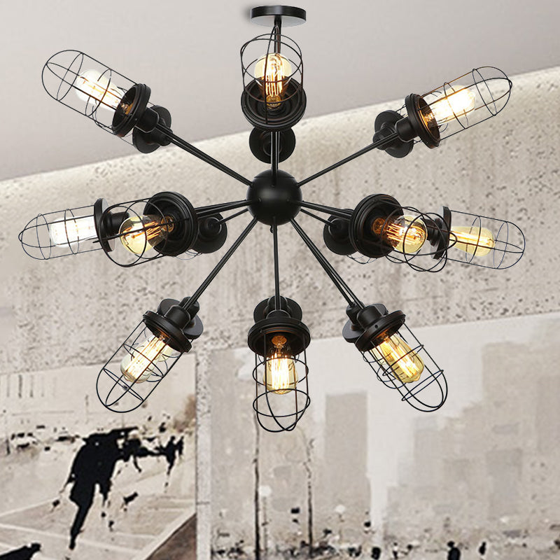 Caged Chandelier Lamp Farmhouse Style Iron 9/12/15 Lights Black Finish Hanging Ceiling Fixture with Sputnik Design 18 Black Clearhalo 'Cast Iron' 'Ceiling Lights' 'Chandeliers' 'Industrial Chandeliers' 'Industrial' 'Metal' 'Middle Century Chandeliers' 'Rustic Chandeliers' 'Tiffany' Lighting' 331943