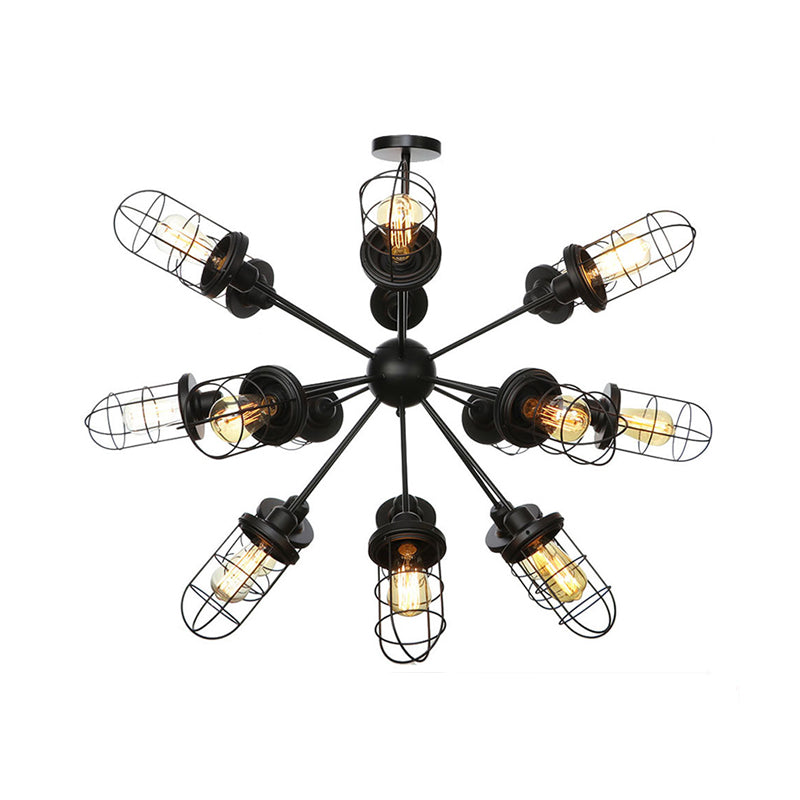 Caged Chandelier Lamp Farmhouse Style Iron 9/12/15 Lights Black Finish Hanging Ceiling Fixture with Sputnik Design Clearhalo 'Cast Iron' 'Ceiling Lights' 'Chandeliers' 'Industrial Chandeliers' 'Industrial' 'Metal' 'Middle Century Chandeliers' 'Rustic Chandeliers' 'Tiffany' Lighting' 331945