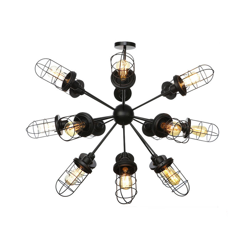 Caged Chandelier Lamp Farmhouse Style Iron 9/12/15 Lights Black Finish Hanging Ceiling Fixture with Sputnik Design Clearhalo 'Cast Iron' 'Ceiling Lights' 'Chandeliers' 'Industrial Chandeliers' 'Industrial' 'Metal' 'Middle Century Chandeliers' 'Rustic Chandeliers' 'Tiffany' Lighting' 331945