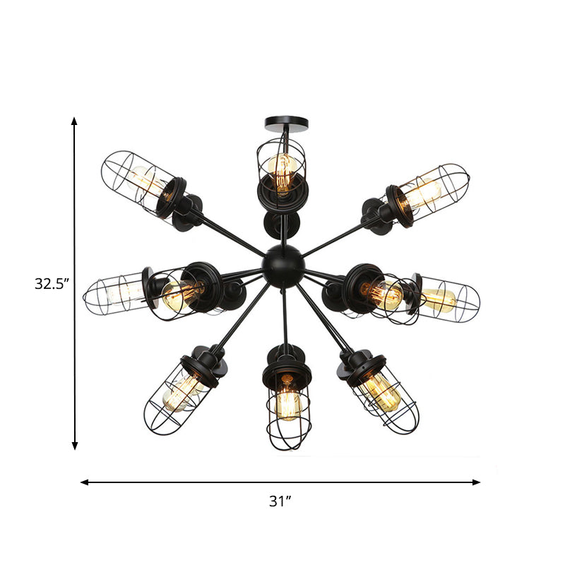 Caged Chandelier Lamp Farmhouse Style Iron 9/12/15 Lights Black Finish Hanging Ceiling Fixture with Sputnik Design Clearhalo 'Cast Iron' 'Ceiling Lights' 'Chandeliers' 'Industrial Chandeliers' 'Industrial' 'Metal' 'Middle Century Chandeliers' 'Rustic Chandeliers' 'Tiffany' Lighting' 331946