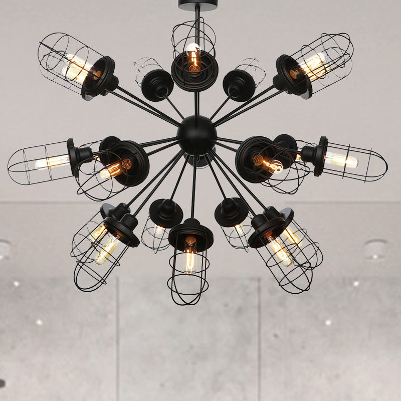 Caged Chandelier Lamp Farmhouse Style Iron 9/12/15 Lights Black Finish Hanging Ceiling Fixture with Sputnik Design 21 Black Clearhalo 'Cast Iron' 'Ceiling Lights' 'Chandeliers' 'Industrial Chandeliers' 'Industrial' 'Metal' 'Middle Century Chandeliers' 'Rustic Chandeliers' 'Tiffany' Lighting' 331947