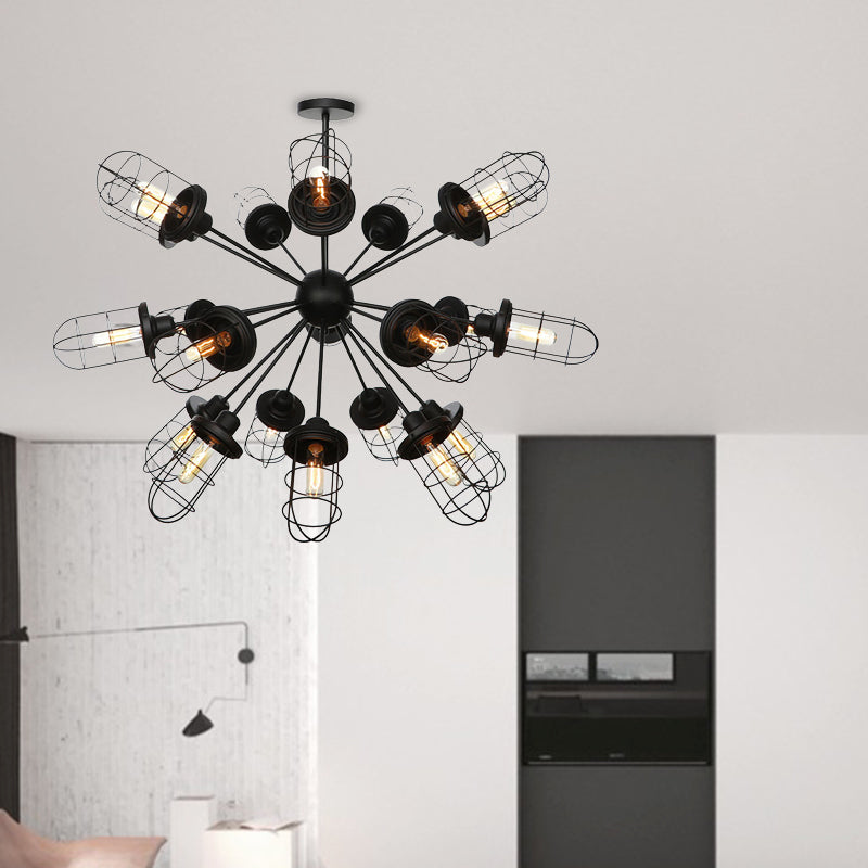 Caged Chandelier Lamp Farmhouse Style Iron 9/12/15 Lights Black Finish Hanging Ceiling Fixture with Sputnik Design Clearhalo 'Cast Iron' 'Ceiling Lights' 'Chandeliers' 'Industrial Chandeliers' 'Industrial' 'Metal' 'Middle Century Chandeliers' 'Rustic Chandeliers' 'Tiffany' Lighting' 331948