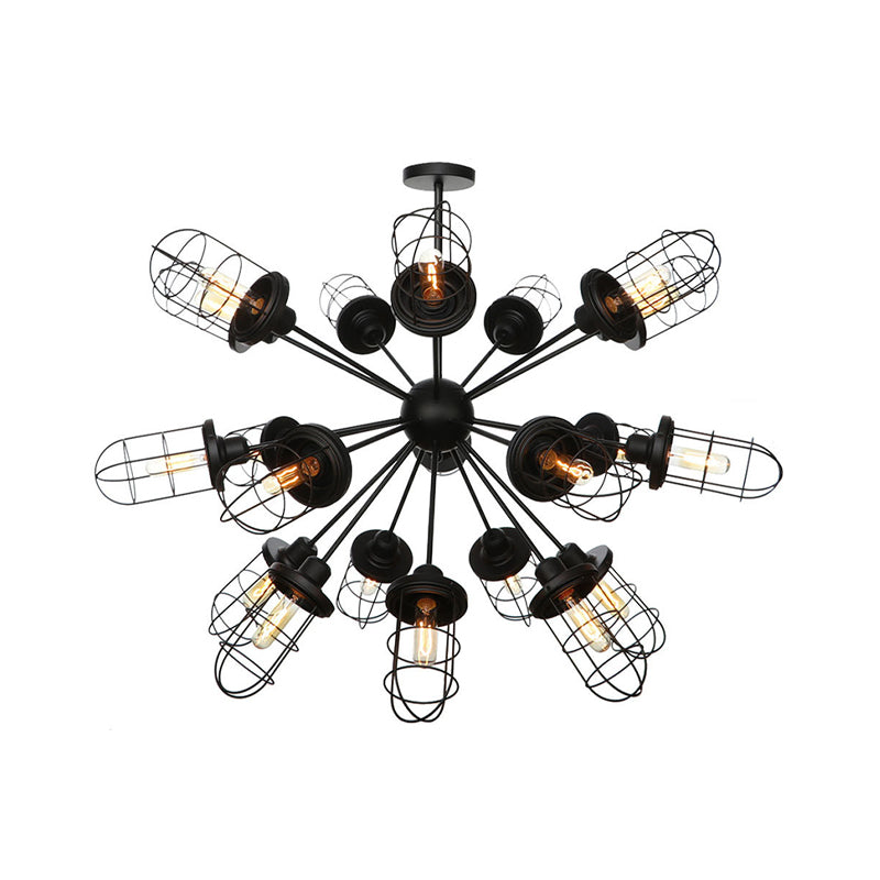 Caged Chandelier Lamp Farmhouse Style Iron 9/12/15 Lights Black Finish Hanging Ceiling Fixture with Sputnik Design Clearhalo 'Cast Iron' 'Ceiling Lights' 'Chandeliers' 'Industrial Chandeliers' 'Industrial' 'Metal' 'Middle Century Chandeliers' 'Rustic Chandeliers' 'Tiffany' Lighting' 331949