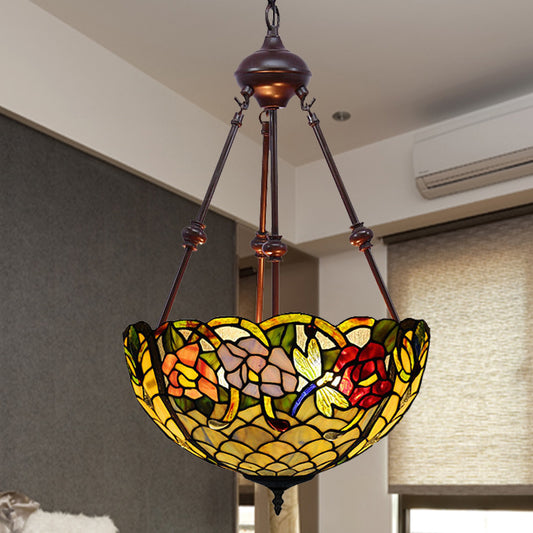 Petal Stained Art Glass Chandelier Light 2 Lights Red/Orange/Green Pendant Lighting Fixture for Bedroom Clearhalo 'Ceiling Lights' 'Chandeliers' 'Industrial' 'Middle Century Chandeliers' 'Tiffany Chandeliers' 'Tiffany close to ceiling' 'Tiffany' Lighting' 331952