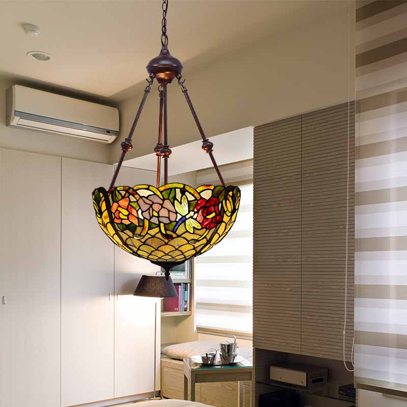 Petal Stained Art Glass Chandelier Light 2 Lights Red/Orange/Green Pendant Lighting Fixture for Bedroom Clearhalo 'Ceiling Lights' 'Chandeliers' 'Industrial' 'Middle Century Chandeliers' 'Tiffany Chandeliers' 'Tiffany close to ceiling' 'Tiffany' Lighting' 331953