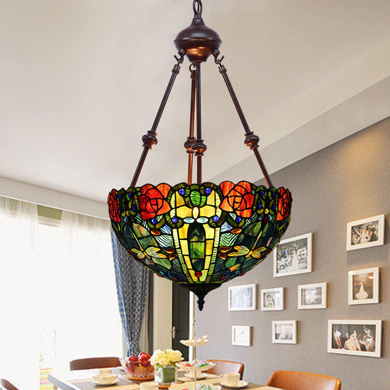Petal Stained Art Glass Chandelier Light 2 Lights Red/Orange/Green Pendant Lighting Fixture for Bedroom Green Clearhalo 'Ceiling Lights' 'Chandeliers' 'Industrial' 'Middle Century Chandeliers' 'Tiffany Chandeliers' 'Tiffany close to ceiling' 'Tiffany' Lighting' 331962