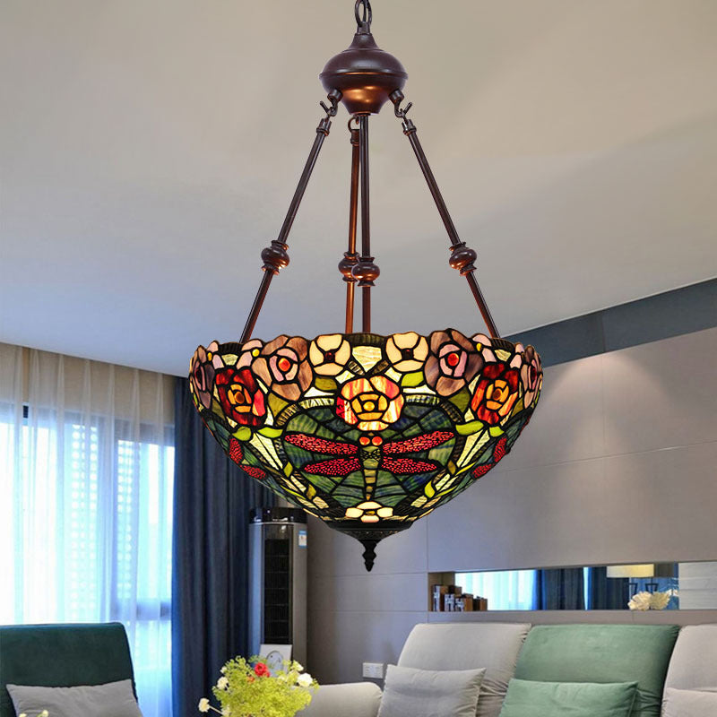 Petal Stained Art Glass Chandelier Light 2 Lights Red/Orange/Green Pendant Lighting Fixture for Bedroom Red Clearhalo 'Ceiling Lights' 'Chandeliers' 'Industrial' 'Middle Century Chandeliers' 'Tiffany Chandeliers' 'Tiffany close to ceiling' 'Tiffany' Lighting' 331965