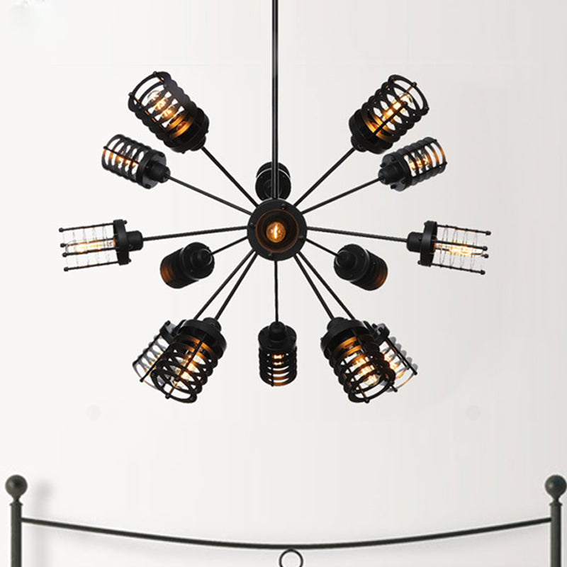Starburst Bedroom Chandelier Light Metal 9/12/15 Heads Vintage Hanging Lighting with Cylinder Frame Shade in Black 15 Black Clearhalo 'Cast Iron' 'Ceiling Lights' 'Chandeliers' 'Industrial Chandeliers' 'Industrial' 'Metal' 'Middle Century Chandeliers' 'Rustic Chandeliers' 'Tiffany' Lighting' 331986
