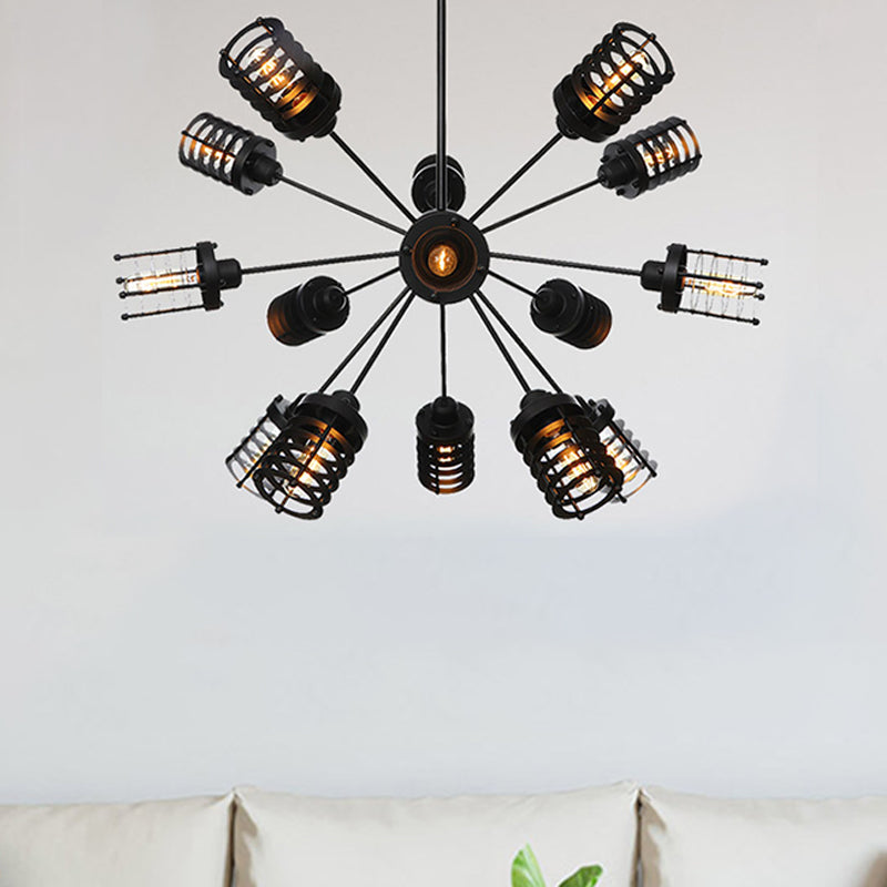 Starburst Bedroom Chandelier Light Metal 9/12/15 Heads Vintage Hanging Lighting with Cylinder Frame Shade in Black Clearhalo 'Cast Iron' 'Ceiling Lights' 'Chandeliers' 'Industrial Chandeliers' 'Industrial' 'Metal' 'Middle Century Chandeliers' 'Rustic Chandeliers' 'Tiffany' Lighting' 331987