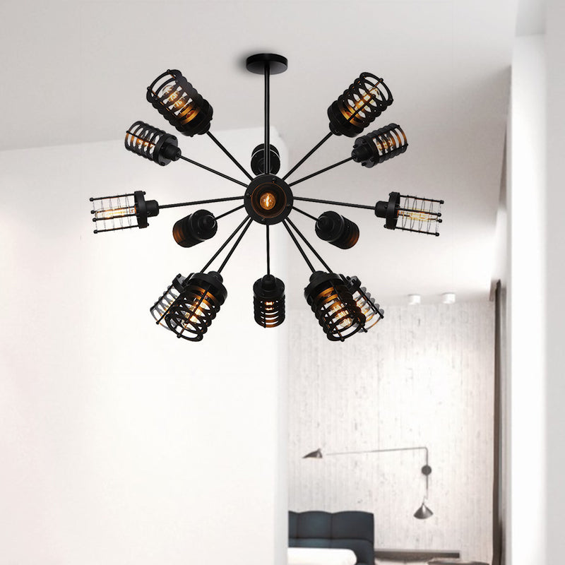 Starburst Bedroom Chandelier Light Metal 9/12/15 Heads Vintage Hanging Lighting with Cylinder Frame Shade in Black Clearhalo 'Cast Iron' 'Ceiling Lights' 'Chandeliers' 'Industrial Chandeliers' 'Industrial' 'Metal' 'Middle Century Chandeliers' 'Rustic Chandeliers' 'Tiffany' Lighting' 331988