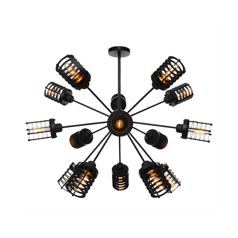 Starburst Bedroom Chandelier Light Metal 9/12/15 Heads Vintage Hanging Lighting with Cylinder Frame Shade in Black Clearhalo 'Cast Iron' 'Ceiling Lights' 'Chandeliers' 'Industrial Chandeliers' 'Industrial' 'Metal' 'Middle Century Chandeliers' 'Rustic Chandeliers' 'Tiffany' Lighting' 331989