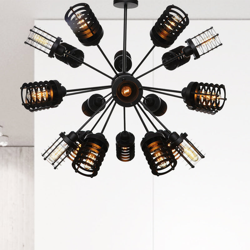Starburst Bedroom Chandelier Light Metal 9/12/15 Heads Vintage Hanging Lighting with Cylinder Frame Shade in Black 21 Black Clearhalo 'Cast Iron' 'Ceiling Lights' 'Chandeliers' 'Industrial Chandeliers' 'Industrial' 'Metal' 'Middle Century Chandeliers' 'Rustic Chandeliers' 'Tiffany' Lighting' 331991