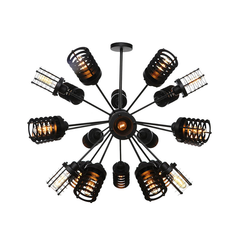 Starburst Bedroom Chandelier Light Metal 9/12/15 Heads Vintage Hanging Lighting with Cylinder Frame Shade in Black Clearhalo 'Cast Iron' 'Ceiling Lights' 'Chandeliers' 'Industrial Chandeliers' 'Industrial' 'Metal' 'Middle Century Chandeliers' 'Rustic Chandeliers' 'Tiffany' Lighting' 331993