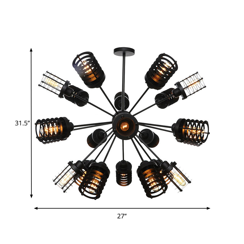 Starburst Bedroom Chandelier Light Metal 9/12/15 Heads Vintage Hanging Lighting with Cylinder Frame Shade in Black Clearhalo 'Cast Iron' 'Ceiling Lights' 'Chandeliers' 'Industrial Chandeliers' 'Industrial' 'Metal' 'Middle Century Chandeliers' 'Rustic Chandeliers' 'Tiffany' Lighting' 331994