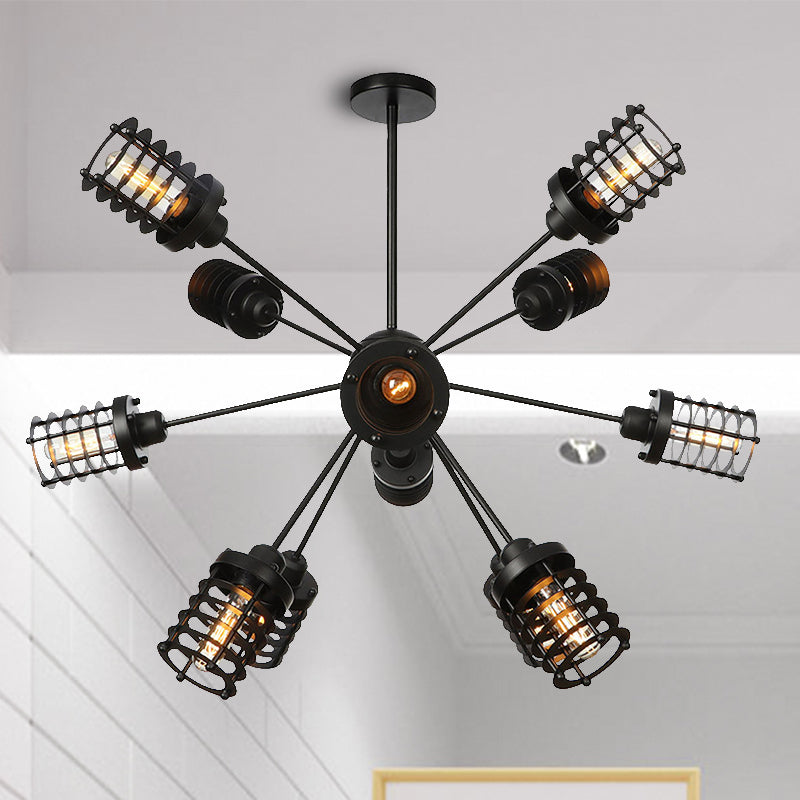 Starburst Bedroom Chandelier Light Metal 9/12/15 Heads Vintage Hanging Lighting with Cylinder Frame Shade in Black 12 Black Clearhalo 'Cast Iron' 'Ceiling Lights' 'Chandeliers' 'Industrial Chandeliers' 'Industrial' 'Metal' 'Middle Century Chandeliers' 'Rustic Chandeliers' 'Tiffany' Lighting' 331995