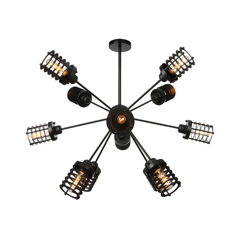 Starburst Bedroom Chandelier Light Metal 9/12/15 Heads Vintage Hanging Lighting with Cylinder Frame Shade in Black Clearhalo 'Cast Iron' 'Ceiling Lights' 'Chandeliers' 'Industrial Chandeliers' 'Industrial' 'Metal' 'Middle Century Chandeliers' 'Rustic Chandeliers' 'Tiffany' Lighting' 331997