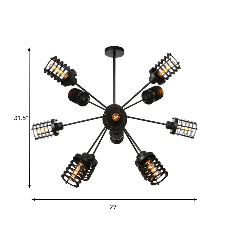 Starburst Bedroom Chandelier Light Metal 9/12/15 Heads Vintage Hanging Lighting with Cylinder Frame Shade in Black Clearhalo 'Cast Iron' 'Ceiling Lights' 'Chandeliers' 'Industrial Chandeliers' 'Industrial' 'Metal' 'Middle Century Chandeliers' 'Rustic Chandeliers' 'Tiffany' Lighting' 331998