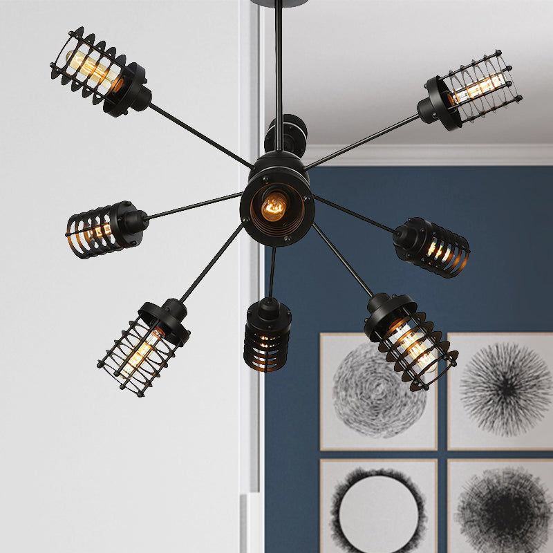 Starburst Bedroom Chandelier Light Metal 9/12/15 Heads Vintage Hanging Lighting with Cylinder Frame Shade in Black 9 Black Clearhalo 'Cast Iron' 'Ceiling Lights' 'Chandeliers' 'Industrial Chandeliers' 'Industrial' 'Metal' 'Middle Century Chandeliers' 'Rustic Chandeliers' 'Tiffany' Lighting' 331999