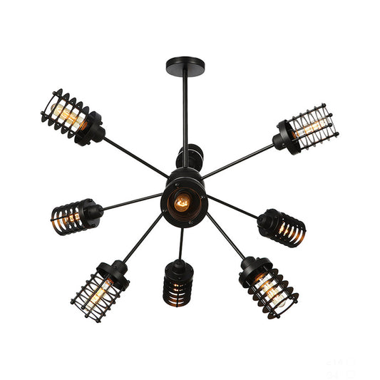 Starburst Bedroom Chandelier Light Metal 9/12/15 Heads Vintage Hanging Lighting with Cylinder Frame Shade in Black Clearhalo 'Cast Iron' 'Ceiling Lights' 'Chandeliers' 'Industrial Chandeliers' 'Industrial' 'Metal' 'Middle Century Chandeliers' 'Rustic Chandeliers' 'Tiffany' Lighting' 332001