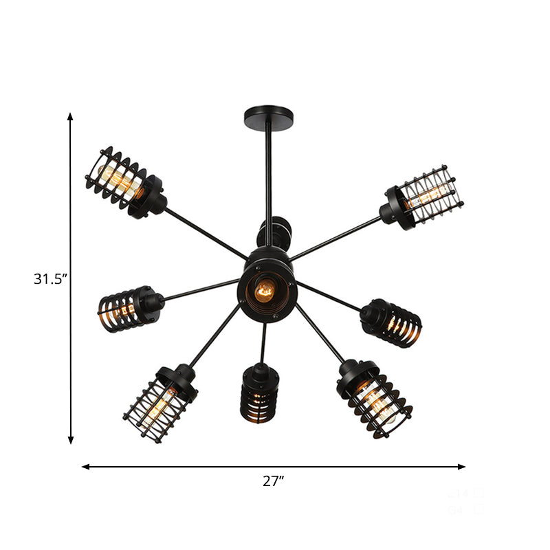 Starburst Bedroom Chandelier Light Metal 9/12/15 Heads Vintage Hanging Lighting with Cylinder Frame Shade in Black Clearhalo 'Cast Iron' 'Ceiling Lights' 'Chandeliers' 'Industrial Chandeliers' 'Industrial' 'Metal' 'Middle Century Chandeliers' 'Rustic Chandeliers' 'Tiffany' Lighting' 332002