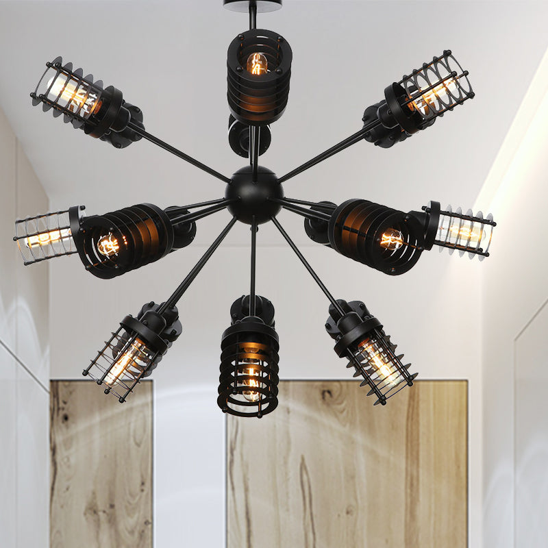 Starburst Bedroom Chandelier Light Metal 9/12/15 Heads Vintage Hanging Lighting with Cylinder Frame Shade in Black 18 Black Clearhalo 'Cast Iron' 'Ceiling Lights' 'Chandeliers' 'Industrial Chandeliers' 'Industrial' 'Metal' 'Middle Century Chandeliers' 'Rustic Chandeliers' 'Tiffany' Lighting' 332003