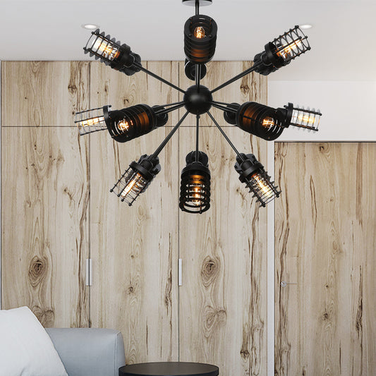 Starburst Bedroom Chandelier Light Metal 9/12/15 Heads Vintage Hanging Lighting with Cylinder Frame Shade in Black Clearhalo 'Cast Iron' 'Ceiling Lights' 'Chandeliers' 'Industrial Chandeliers' 'Industrial' 'Metal' 'Middle Century Chandeliers' 'Rustic Chandeliers' 'Tiffany' Lighting' 332004