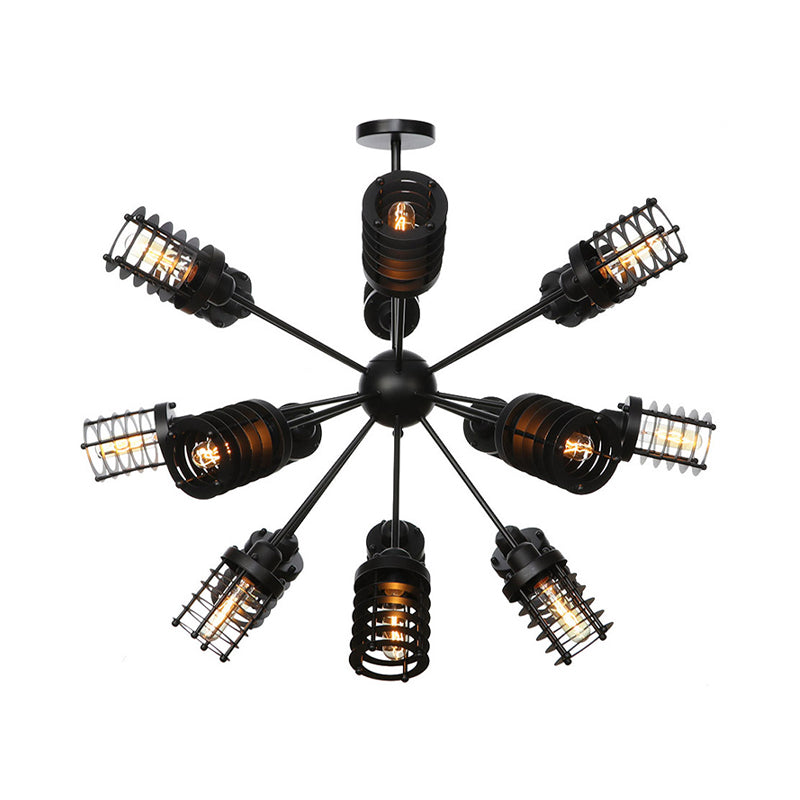 Starburst Bedroom Chandelier Light Metal 9/12/15 Heads Vintage Hanging Lighting with Cylinder Frame Shade in Black Clearhalo 'Cast Iron' 'Ceiling Lights' 'Chandeliers' 'Industrial Chandeliers' 'Industrial' 'Metal' 'Middle Century Chandeliers' 'Rustic Chandeliers' 'Tiffany' Lighting' 332005