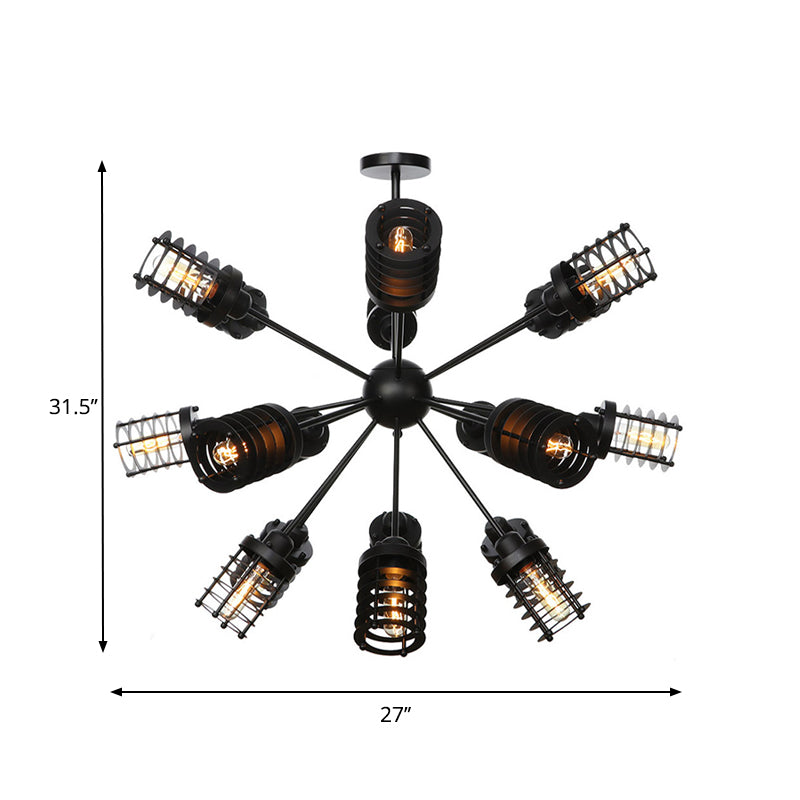 Starburst Bedroom Chandelier Light Metal 9/12/15 Heads Vintage Hanging Lighting with Cylinder Frame Shade in Black Clearhalo 'Cast Iron' 'Ceiling Lights' 'Chandeliers' 'Industrial Chandeliers' 'Industrial' 'Metal' 'Middle Century Chandeliers' 'Rustic Chandeliers' 'Tiffany' Lighting' 332006