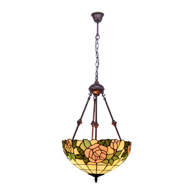 Bowl Chandelier Lighting 2 Lights Hand Cut Glass Victorian Pendant Lamp in Red/Pink/Purple for Bedroom Clearhalo 'Ceiling Lights' 'Chandeliers' 'Industrial' 'Middle Century Chandeliers' 'Tiffany Chandeliers' 'Tiffany close to ceiling' 'Tiffany' Lighting' 332016