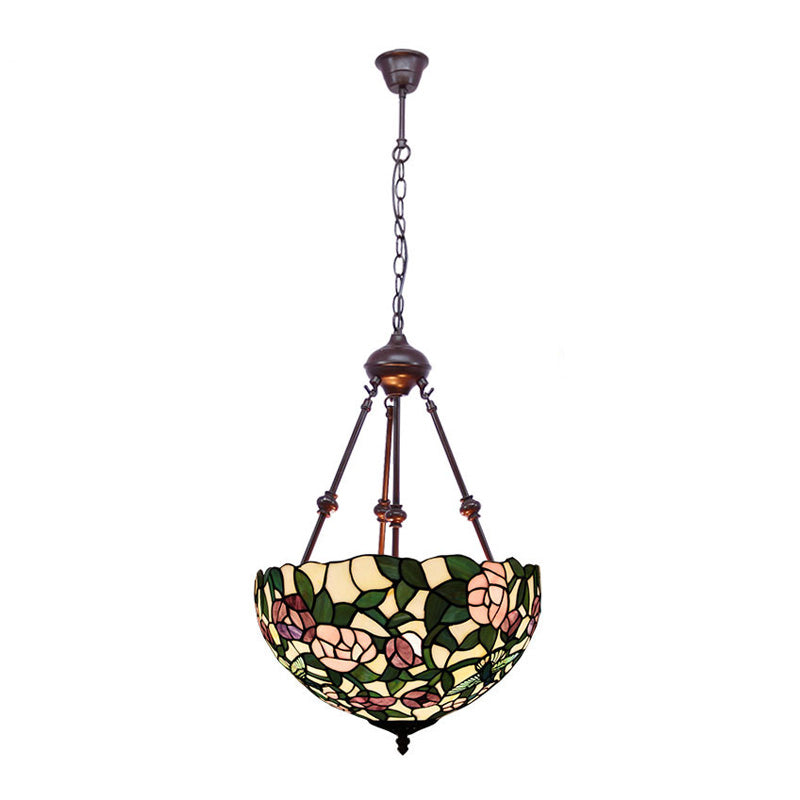 Bowl Chandelier Lighting 2 Lights Hand Cut Glass Victorian Pendant Lamp in Red/Pink/Purple for Bedroom Clearhalo 'Ceiling Lights' 'Chandeliers' 'Industrial' 'Middle Century Chandeliers' 'Tiffany Chandeliers' 'Tiffany close to ceiling' 'Tiffany' Lighting' 332019