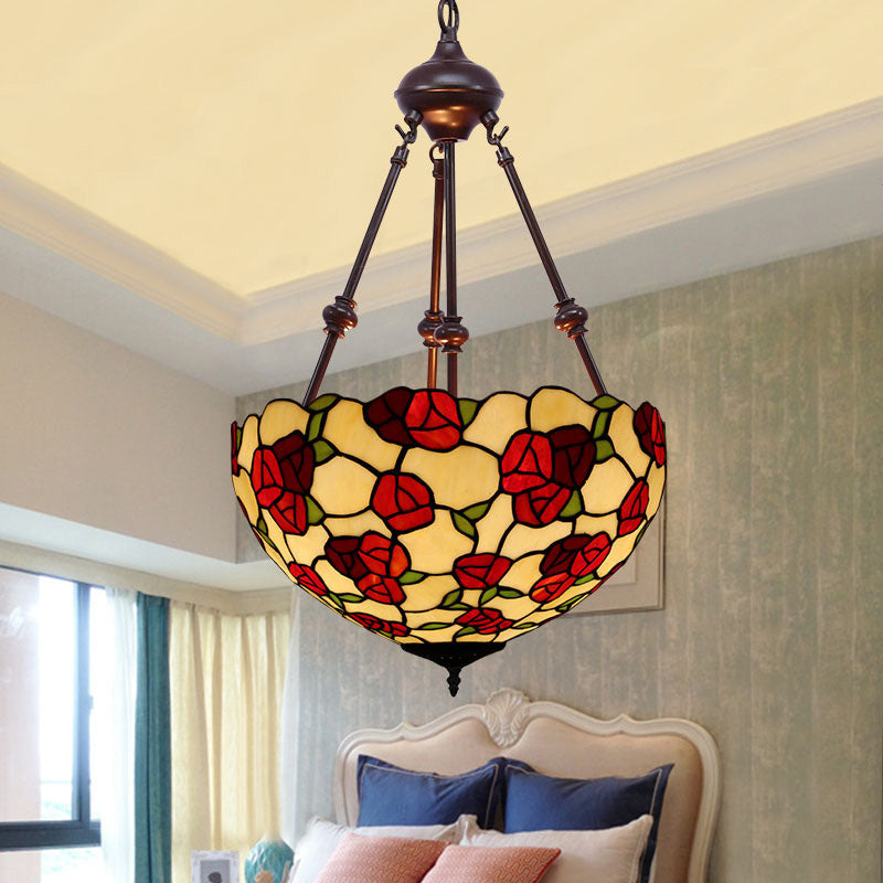 Bowl Chandelier Lighting 2 Lights Hand Cut Glass Victorian Pendant Lamp in Red/Pink/Purple for Bedroom Red Clearhalo 'Ceiling Lights' 'Chandeliers' 'Industrial' 'Middle Century Chandeliers' 'Tiffany Chandeliers' 'Tiffany close to ceiling' 'Tiffany' Lighting' 332022