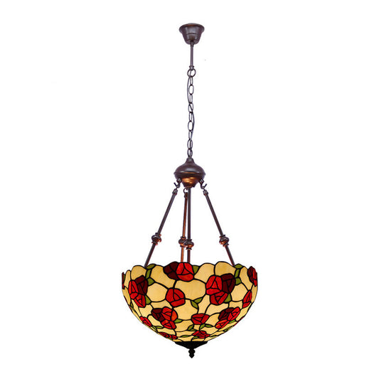 Bowl Chandelier Lighting 2 Lights Hand Cut Glass Victorian Pendant Lamp in Red/Pink/Purple for Bedroom Clearhalo 'Ceiling Lights' 'Chandeliers' 'Industrial' 'Middle Century Chandeliers' 'Tiffany Chandeliers' 'Tiffany close to ceiling' 'Tiffany' Lighting' 332023