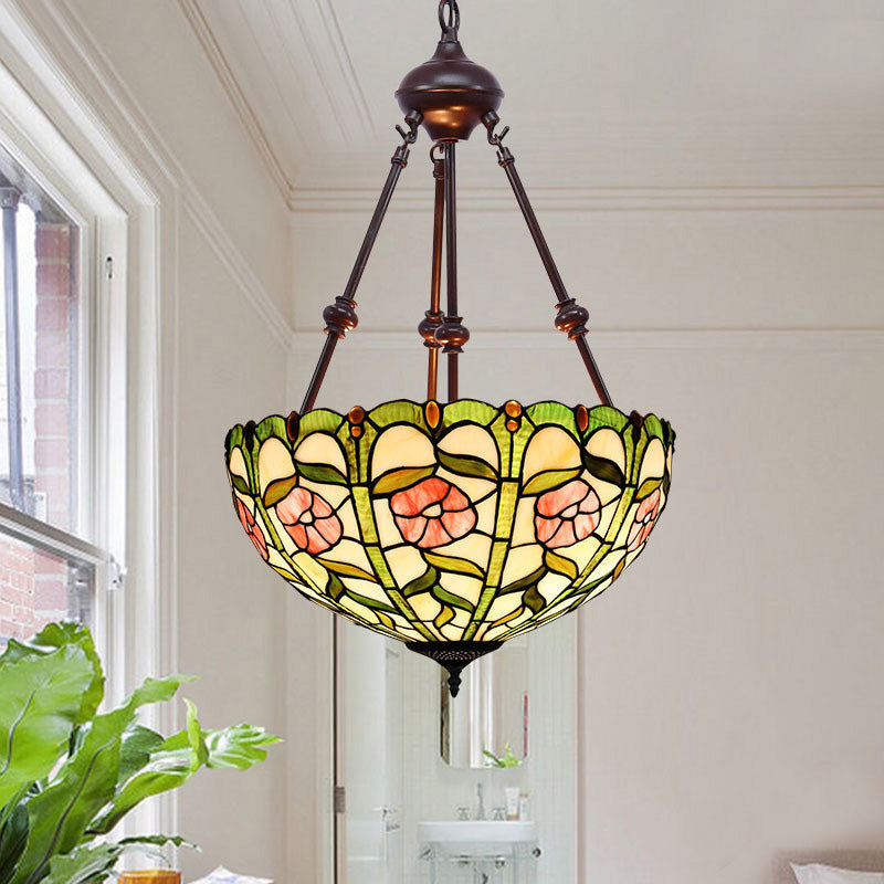 Bowl Chandelier Lighting 2 Lights Hand Cut Glass Victorian Pendant Lamp in Red/Pink/Purple for Bedroom Yellow Clearhalo 'Ceiling Lights' 'Chandeliers' 'Industrial' 'Middle Century Chandeliers' 'Tiffany Chandeliers' 'Tiffany close to ceiling' 'Tiffany' Lighting' 332025