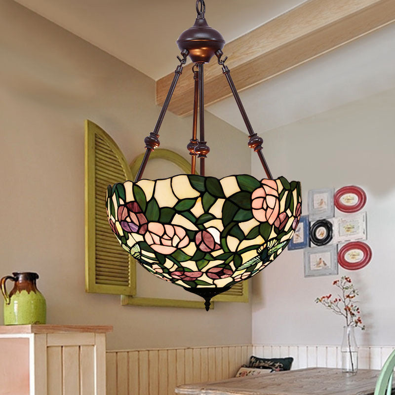 Bowl Chandelier Lighting 2 Lights Hand Cut Glass Victorian Pendant Lamp in Red/Pink/Purple for Bedroom Green Clearhalo 'Ceiling Lights' 'Chandeliers' 'Industrial' 'Middle Century Chandeliers' 'Tiffany Chandeliers' 'Tiffany close to ceiling' 'Tiffany' Lighting' 332028