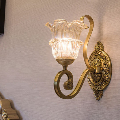 Brass Floral Sconce Light Fixture Vintage Clear Prismatic Glass 1/2 Lights Living Room LED Wall Mounted Lamp 1.0 Brass B Clearhalo 'Wall Lamps & Sconces' 'Wall Lights' Lighting' 332030