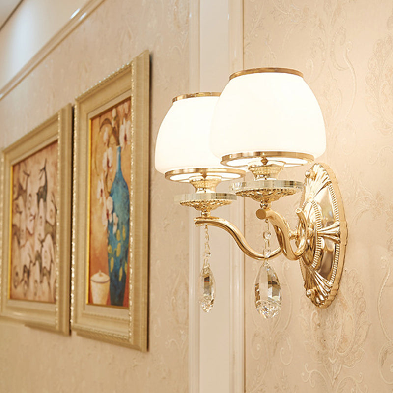 Traditional Dome Wall Light Fixture 1/2 Heads White Glass Wall Sconce Lighting in Brass with Dangling Crystal 2.0 Brass Clearhalo 'Wall Lamps & Sconces' 'Wall Lights' Lighting' 332061
