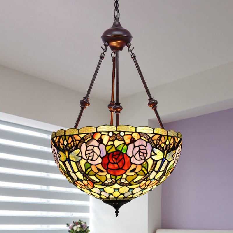 2 Lights Flower Bush Chandelier Lamp Tiffany Stylish Red/Yellow/Purple Stained Glass Pendant Light Clearhalo 'Ceiling Lights' 'Chandeliers' 'Industrial' 'Middle Century Chandeliers' 'Tiffany Chandeliers' 'Tiffany close to ceiling' 'Tiffany' Lighting' 332066