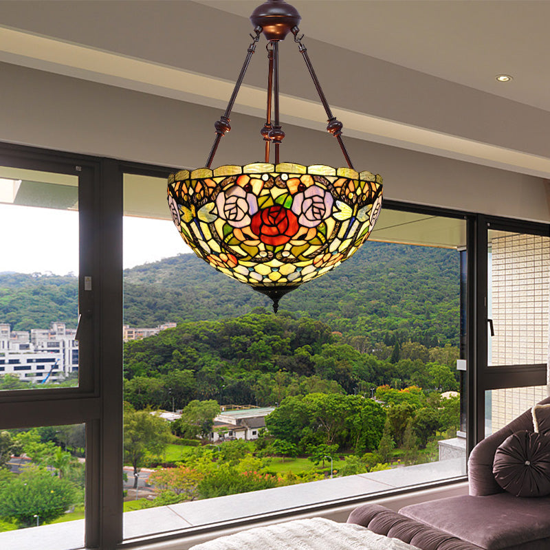 2 Lights Flower Bush Chandelier Lamp Tiffany Stylish Red/Yellow/Purple Stained Glass Pendant Light Clearhalo 'Ceiling Lights' 'Chandeliers' 'Industrial' 'Middle Century Chandeliers' 'Tiffany Chandeliers' 'Tiffany close to ceiling' 'Tiffany' Lighting' 332067