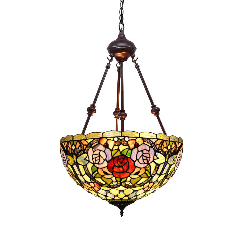 2 Lights Flower Bush Chandelier Lamp Tiffany Stylish Red/Yellow/Purple Stained Glass Pendant Light Clearhalo 'Ceiling Lights' 'Chandeliers' 'Industrial' 'Middle Century Chandeliers' 'Tiffany Chandeliers' 'Tiffany close to ceiling' 'Tiffany' Lighting' 332068