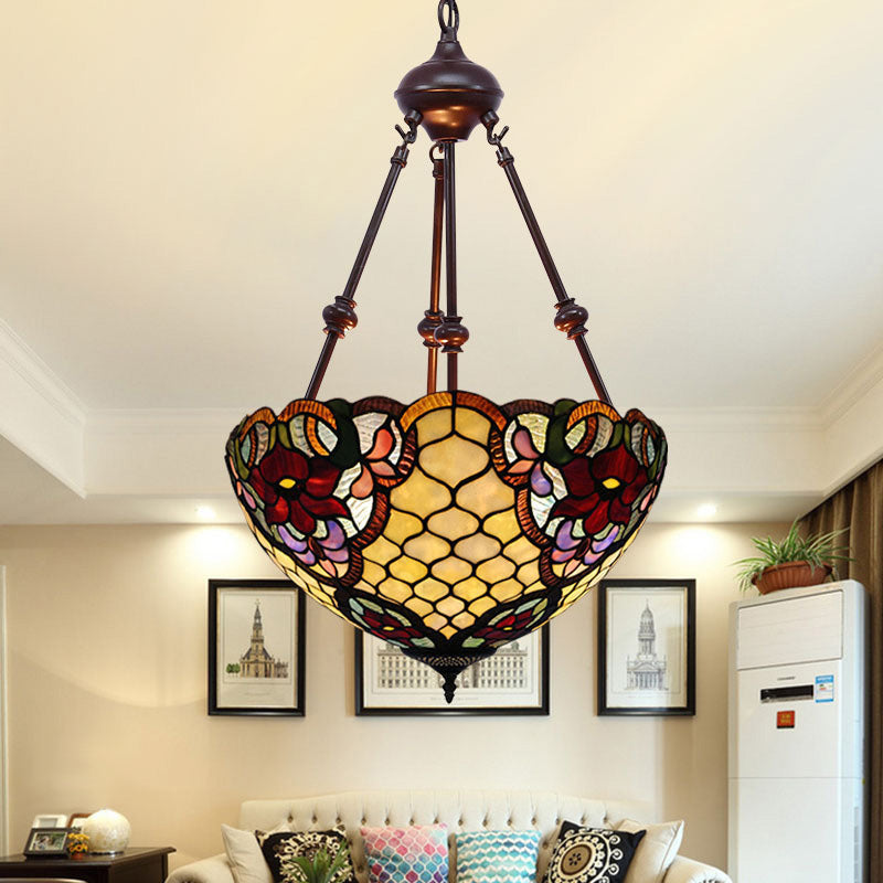 2 Lights Flower Bush Chandelier Lamp Tiffany Stylish Red/Yellow/Purple Stained Glass Pendant Light Yellow Clearhalo 'Ceiling Lights' 'Chandeliers' 'Industrial' 'Middle Century Chandeliers' 'Tiffany Chandeliers' 'Tiffany close to ceiling' 'Tiffany' Lighting' 332070