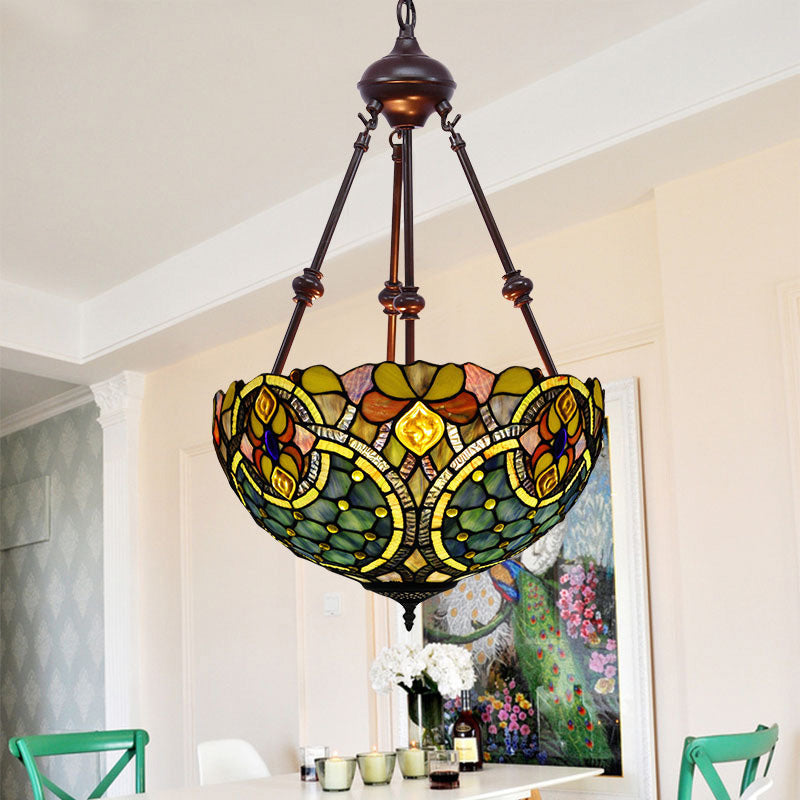 2 Lights Flower Bush Chandelier Lamp Tiffany Stylish Red/Yellow/Purple Stained Glass Pendant Light Green Clearhalo 'Ceiling Lights' 'Chandeliers' 'Industrial' 'Middle Century Chandeliers' 'Tiffany Chandeliers' 'Tiffany close to ceiling' 'Tiffany' Lighting' 332073
