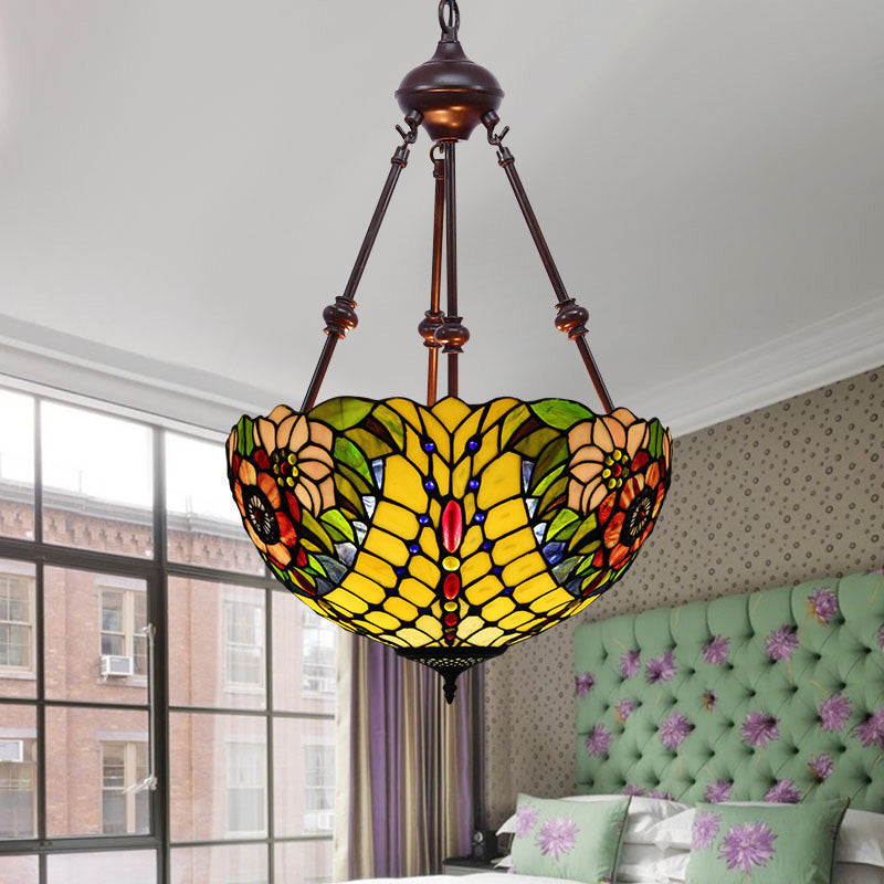 2 Lights Flower Bush Chandelier Lamp Tiffany Stylish Red/Yellow/Purple Stained Glass Pendant Light Ginger Clearhalo 'Ceiling Lights' 'Chandeliers' 'Industrial' 'Middle Century Chandeliers' 'Tiffany Chandeliers' 'Tiffany close to ceiling' 'Tiffany' Lighting' 332076