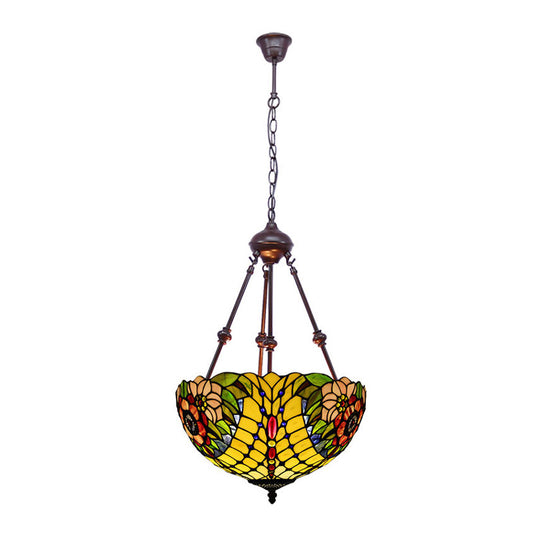 2 Lights Flower Bush Chandelier Lamp Tiffany Stylish Red/Yellow/Purple Stained Glass Pendant Light Clearhalo 'Ceiling Lights' 'Chandeliers' 'Industrial' 'Middle Century Chandeliers' 'Tiffany Chandeliers' 'Tiffany close to ceiling' 'Tiffany' Lighting' 332077