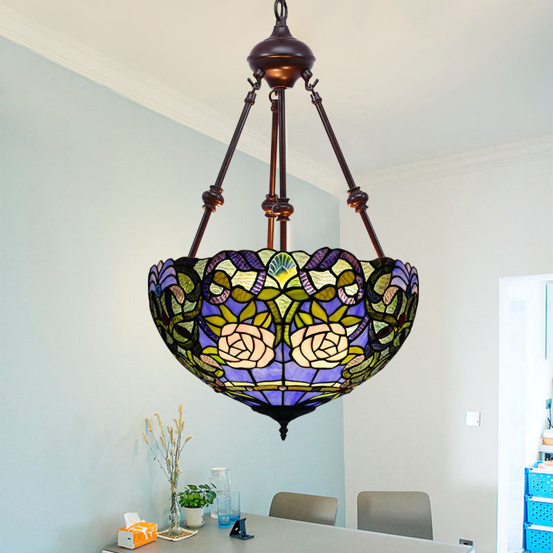 2 Lights Flower Bush Chandelier Lamp Tiffany Stylish Red/Yellow/Purple Stained Glass Pendant Light Purple Clearhalo 'Ceiling Lights' 'Chandeliers' 'Industrial' 'Middle Century Chandeliers' 'Tiffany Chandeliers' 'Tiffany close to ceiling' 'Tiffany' Lighting' 332079