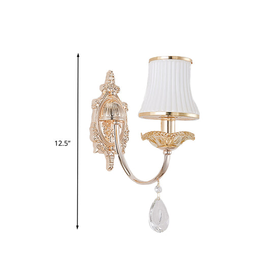 1/2-Light Flared Wall Light Sconce Traditionalism Brass Frosted White Glass Wall Lighting Fixture with Crystal Draping Clearhalo 'Wall Lamps & Sconces' 'Wall Lights' Lighting' 332086