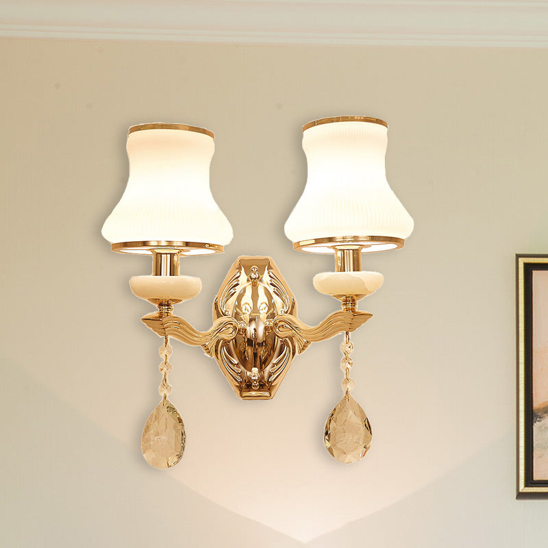 Bell Bedroom Wall Light Sconce Traditional Opal Frosted Glass 1/2 Bulbs Brass Wall Lamp with Clear Crystal Drop Clearhalo 'Wall Lamps & Sconces' 'Wall Lights' Lighting' 332097