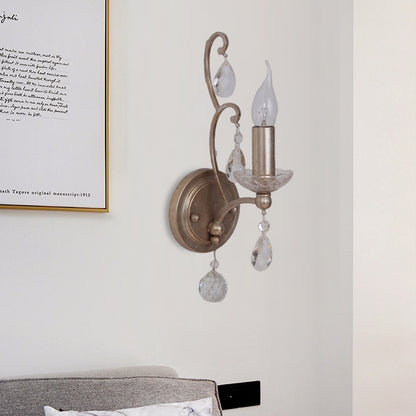 Rust/Aged Silver 1/2 Lights Sconce Light Fixture Traditional Crystal Candlestick Wall Lamp for Living Room 1.0 Aged Silver Clearhalo 'Wall Lamps & Sconces' 'Wall Lights' Lighting' 332126
