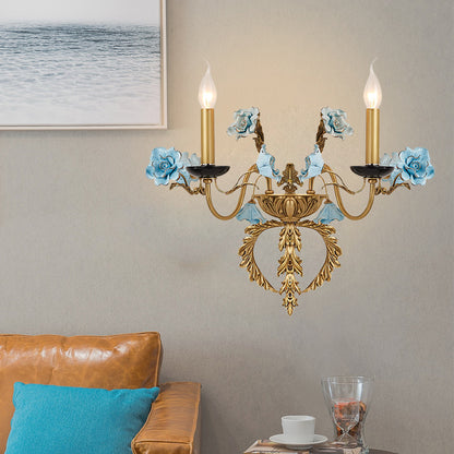 Blue Curved Arm Wall Light Fixture Countryside Metal 2 Lights Living Room Sconce with/without Shade Blue Shadeless Clearhalo 'Wall Lamps & Sconces' 'Wall Lights' Lighting' 332164