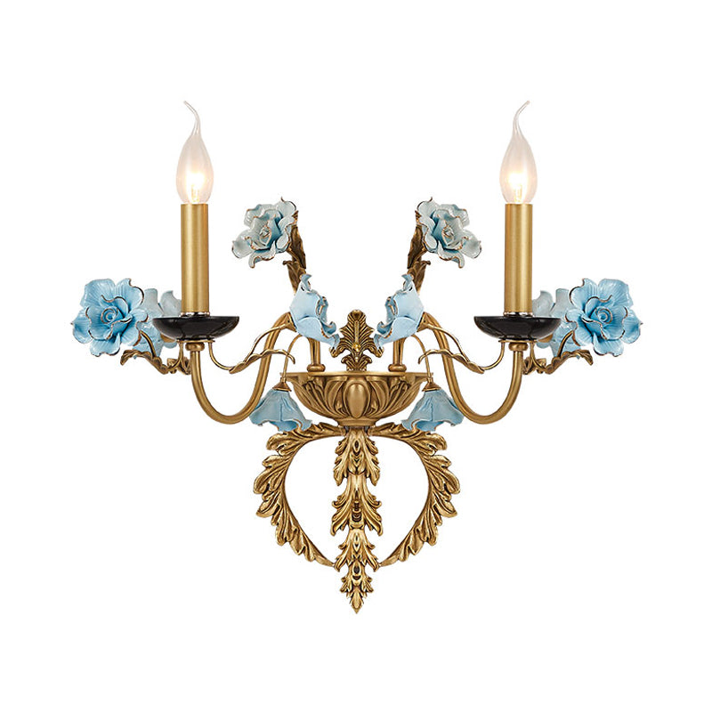 Blue Curved Arm Wall Light Fixture Countryside Metal 2 Lights Living Room Sconce with/without Shade Clearhalo 'Wall Lamps & Sconces' 'Wall Lights' Lighting' 332167